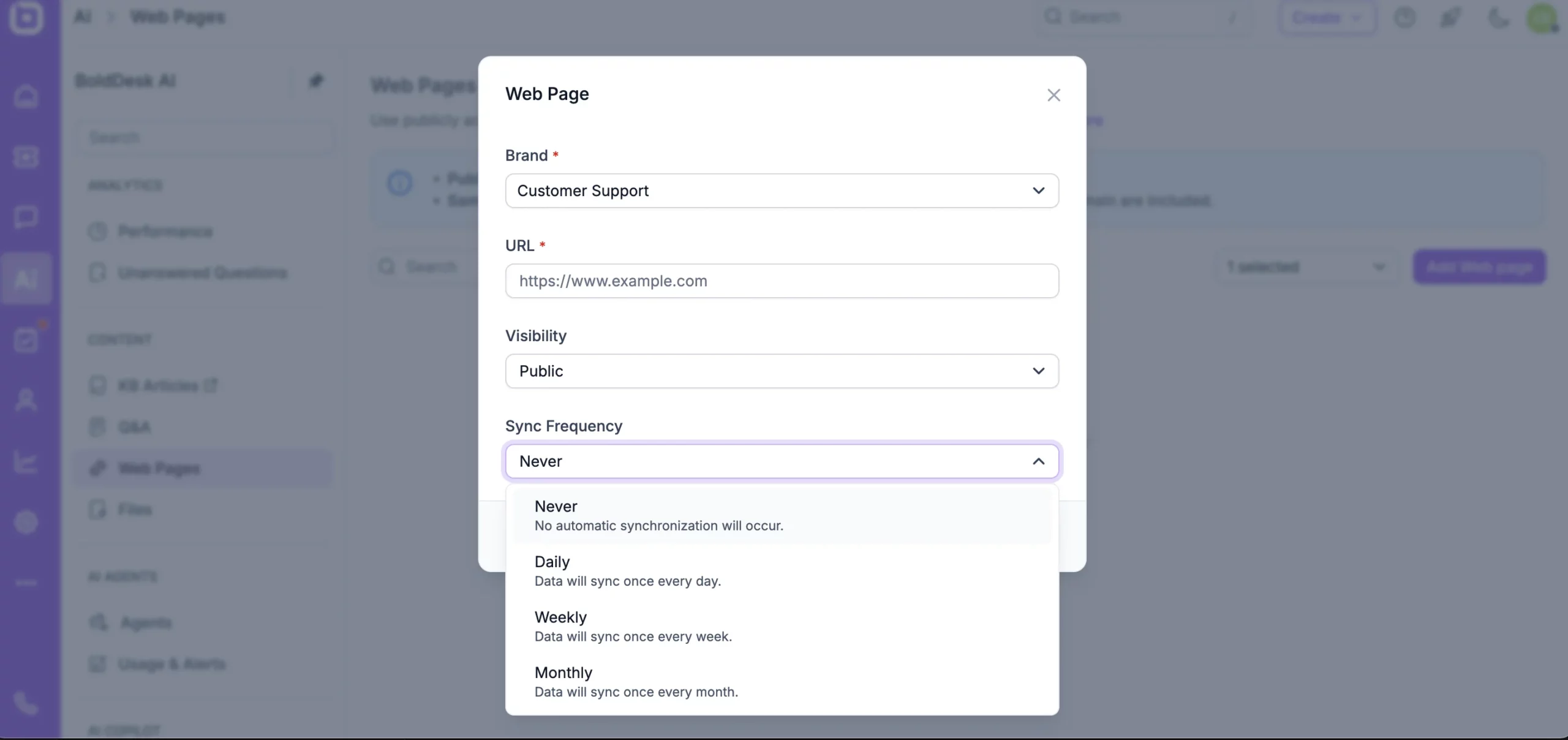 Web page configuration with sync frequency options displayed.