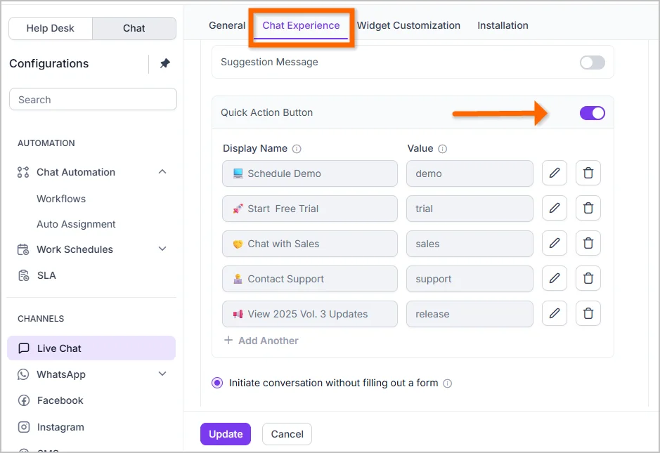 Chat Experience settings with Quick Action Buttons enabled.