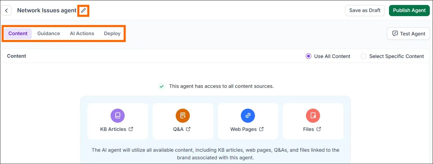 BoldDesk interface showing AI agent content sources with KB Articles, Q&As, Web Pages, and Files icons