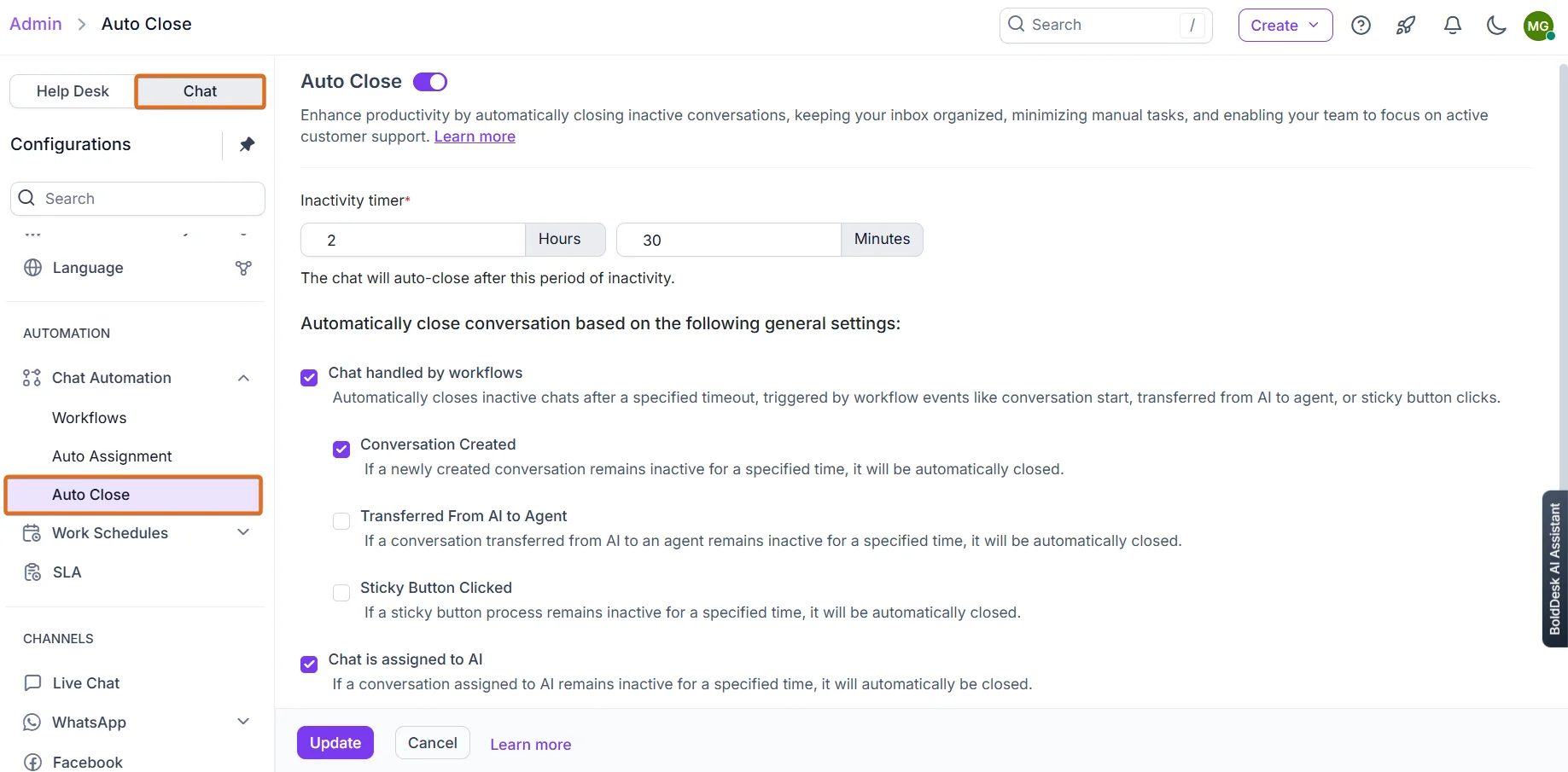 Chat auto-close settings with inactivity rules and AI conversation options.