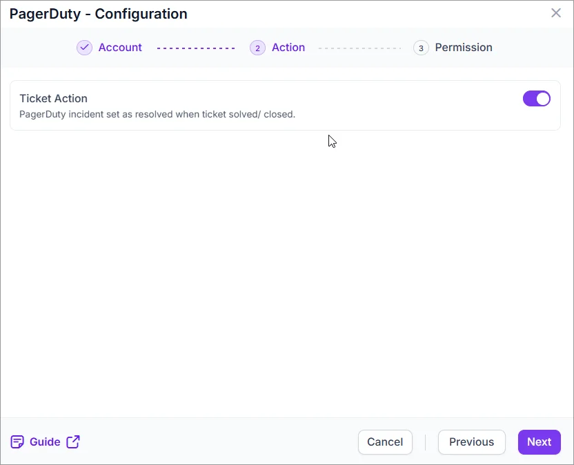 PagerDuty configuration screen showing ticket action settings.
