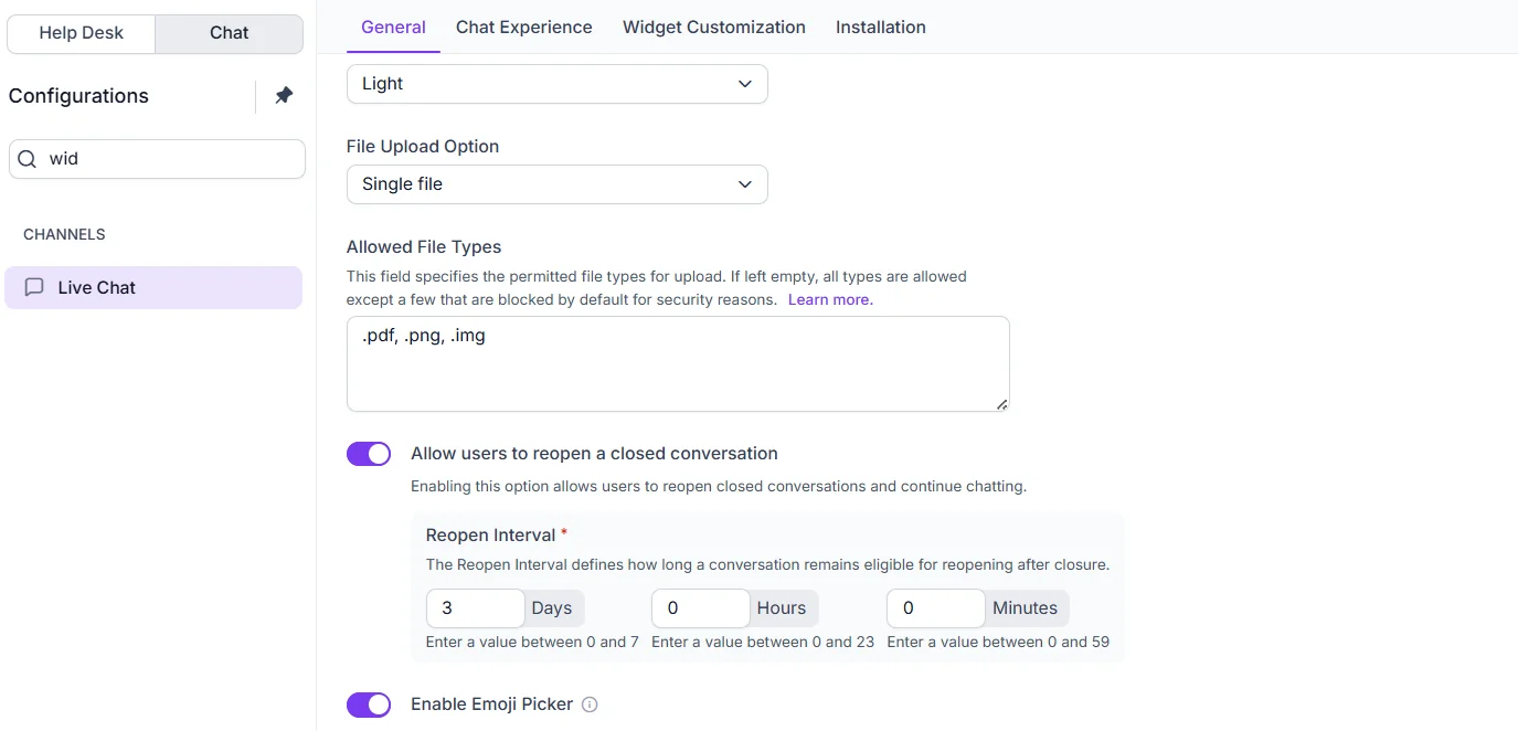 Live Chat settings with closed conversation reopening enabled.