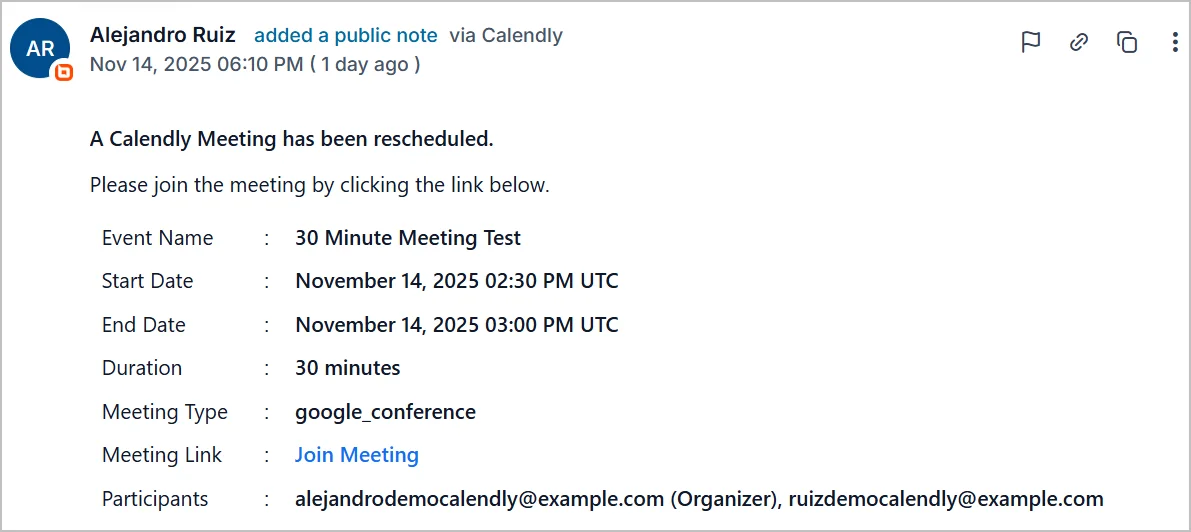 Calendly note showing a meeting has been rescheduled with updated details.