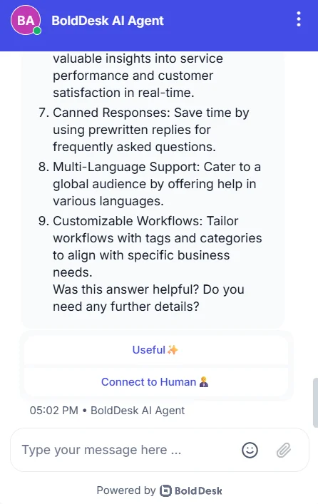 AI Agent response with Useful and Connect to Human feedback options.