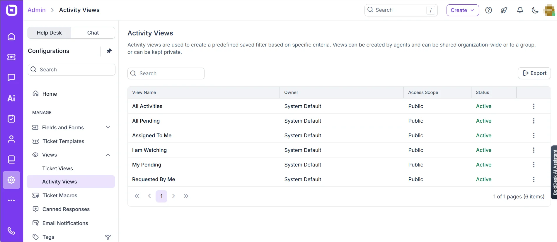 BoldDesk Admin screen displaying the Activity Views list for managing and configuring predefined activity filters