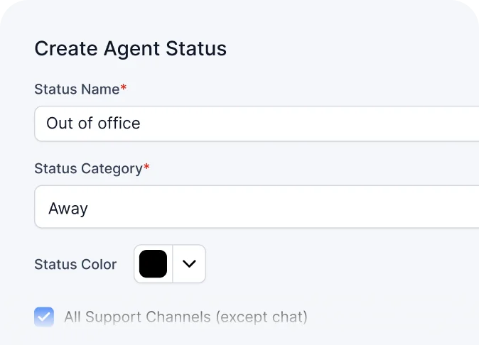 BoldDesk Agent Status screen showing out‑of‑office message templates with status set to Away