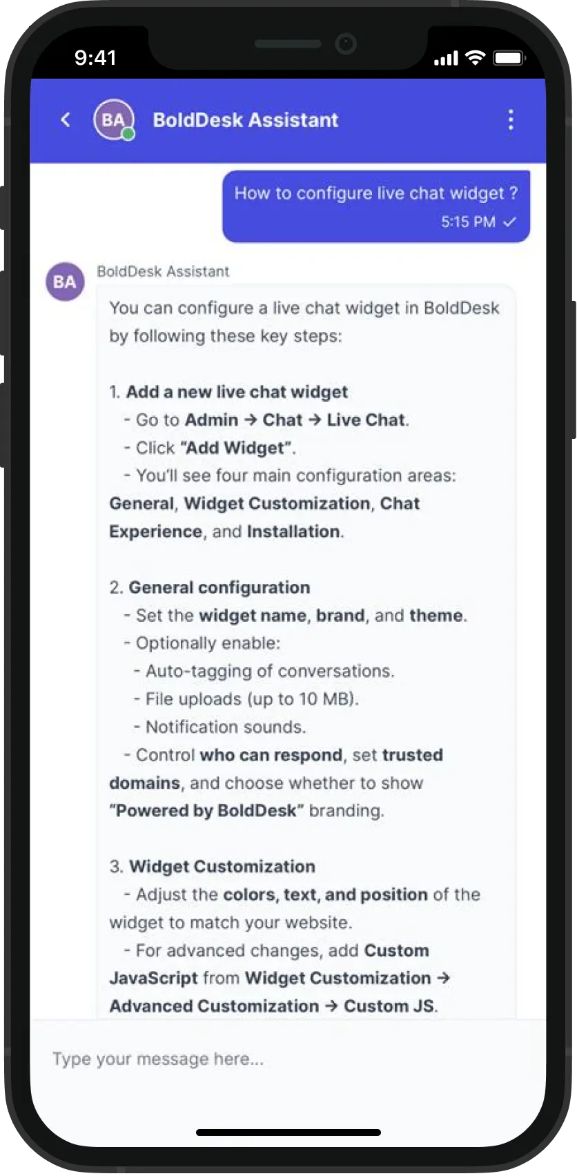 Mobile chat showing a chatbot response with live chat widget setup instructions.
