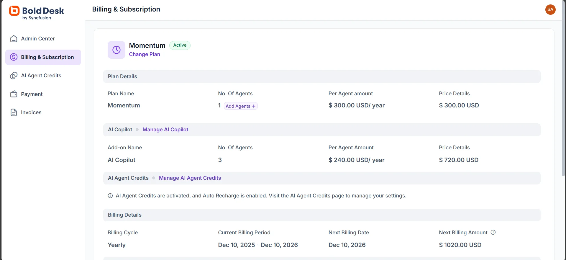 Billing and subscription page showing AI Copilot and AI agent credit details.