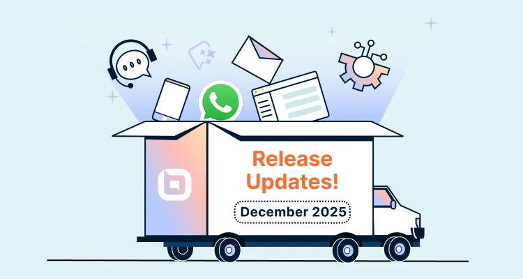 Delivery truck labeled December 2025 Release Updates carrying icons for WhatsApp, mobile app, and support tools