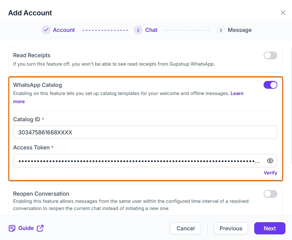 WhatsApp catalog settings with catalog ID and access token configuration.
