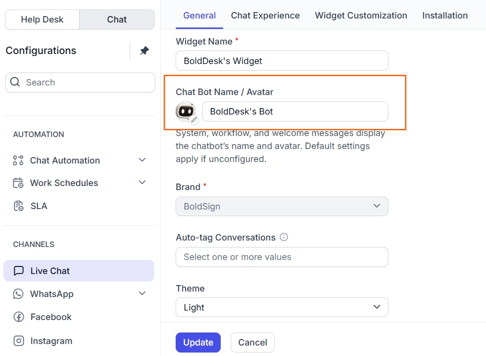 Live chat widget settings showing chatbot name and avatar.