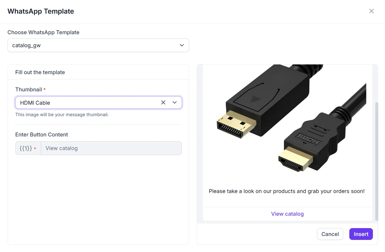 WhatsApp catalog template with HDMI cable product preview.