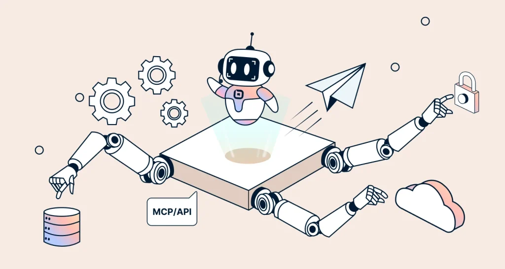 Illustration showing an AI agent executing AI Actions through connected systems, with robotic arms accessing APIs and databases