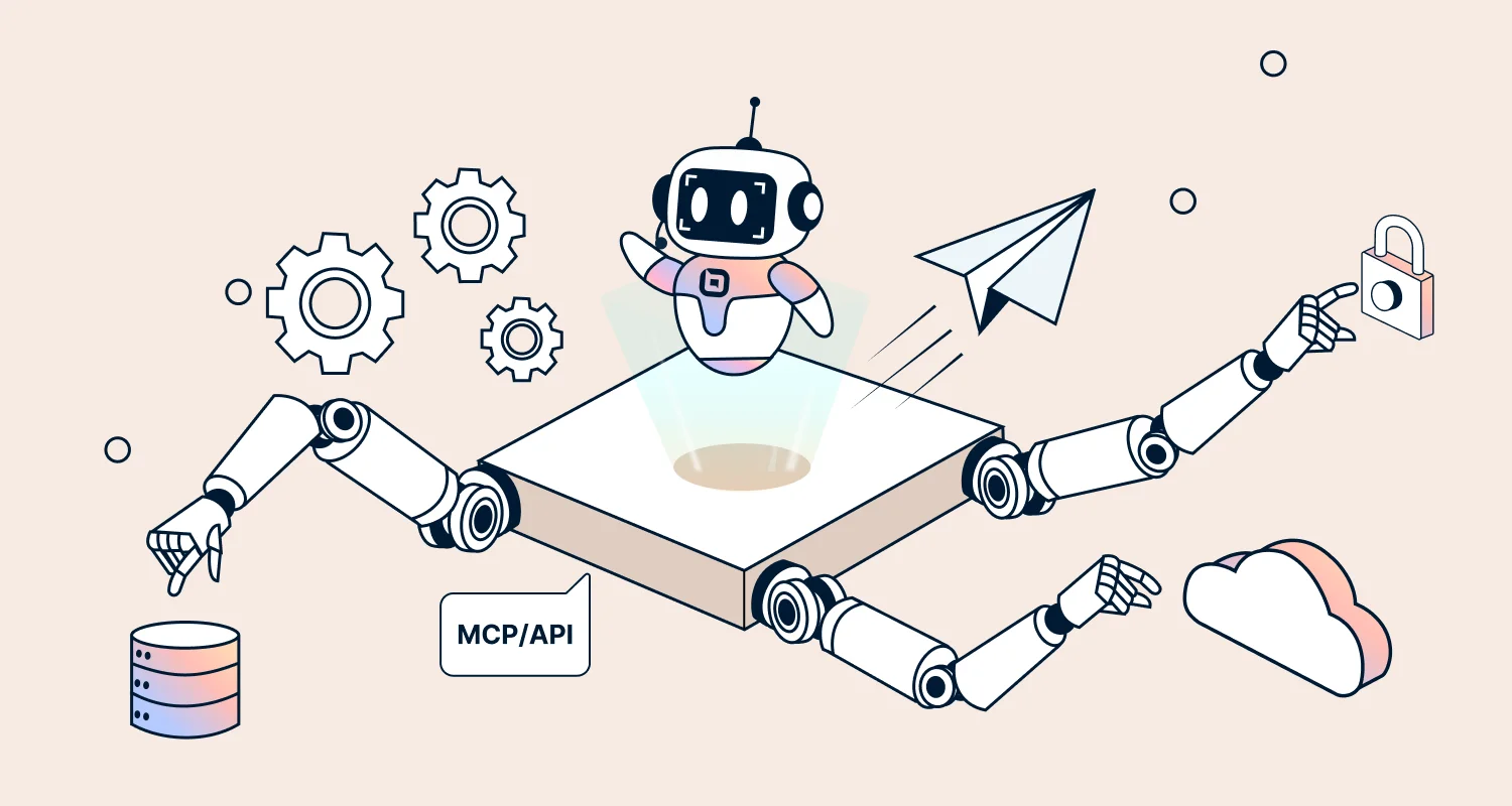 Illustration showing an AI agent executing AI Actions through connected systems, with robotic arms accessing APIs and databases