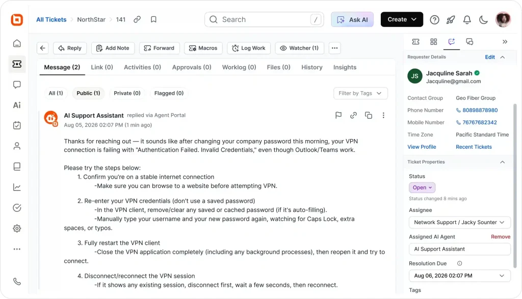BoldDesk AI chatbot handling a customer service ticket with automated response suggestions