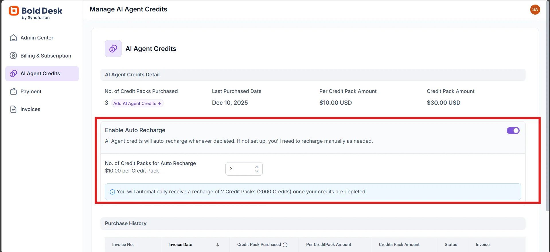 AI agent credits page showing auto recharge settings and credit pack details.