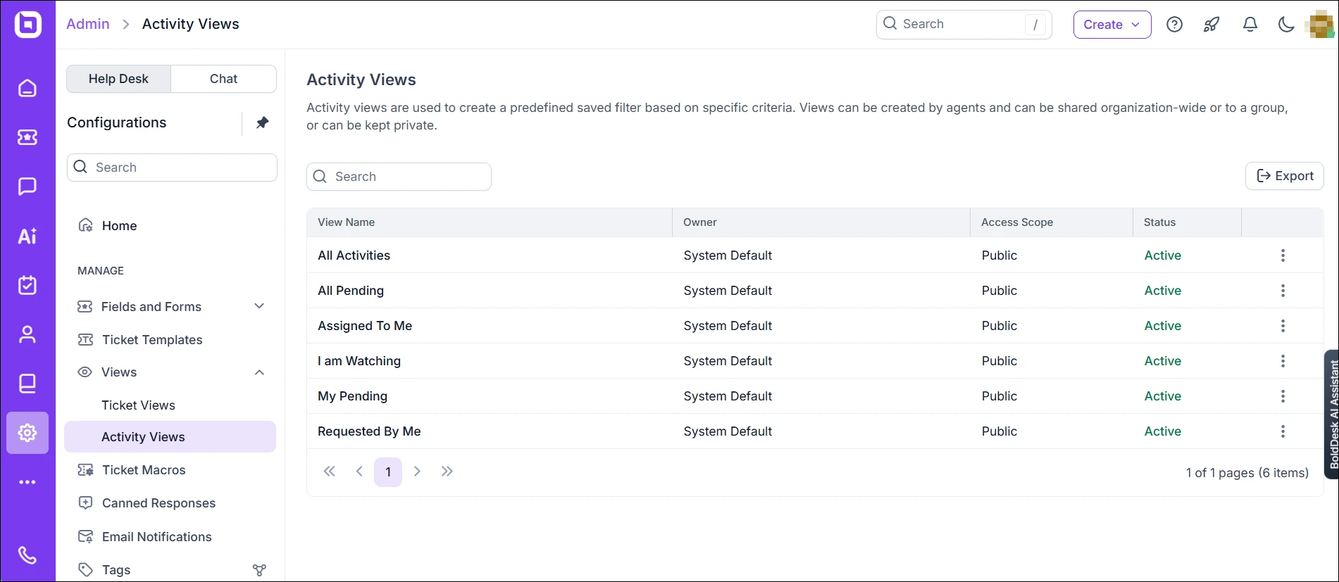 Manage activity views in the admin module