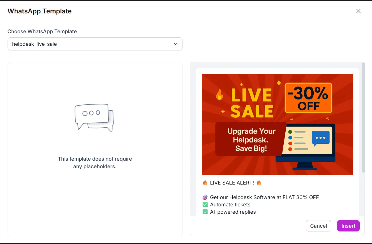 WhatsApp template preview showing a help desk promotion with 30% off.