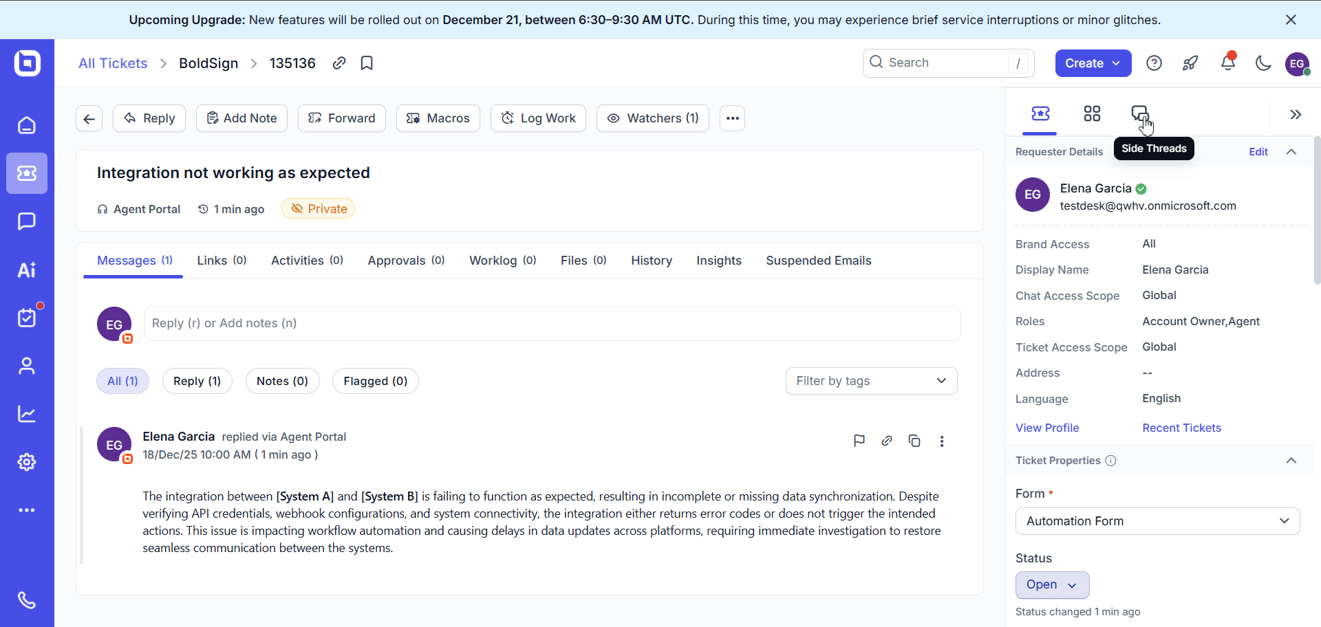BoldDesk side thread notification displaying ticket details, agent message, attachments, and view buttons