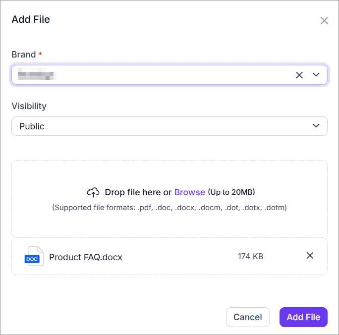 Add File dialog with a document uploaded for a selected brand.