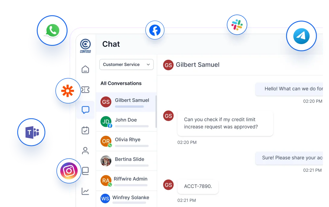 Chat interface showing customer service conversations with social media and messaging app integrations – Finance Customer Service.