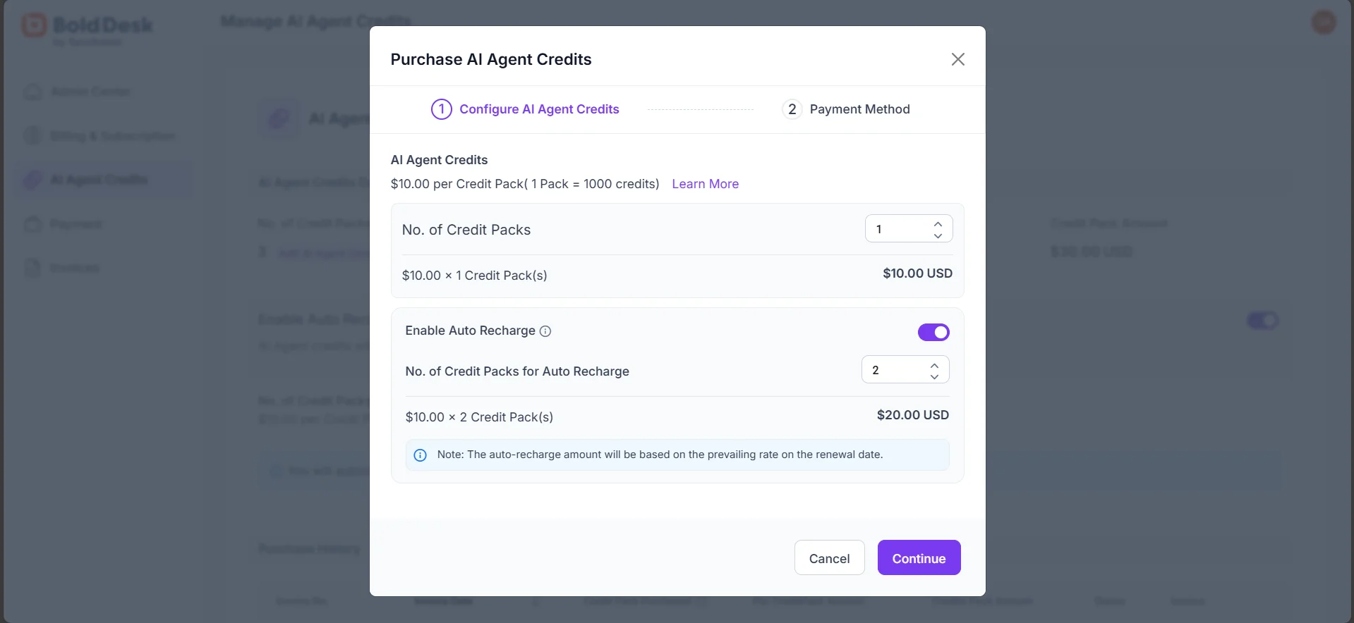 Purchase AI agent credits dialog with auto recharge enabled.