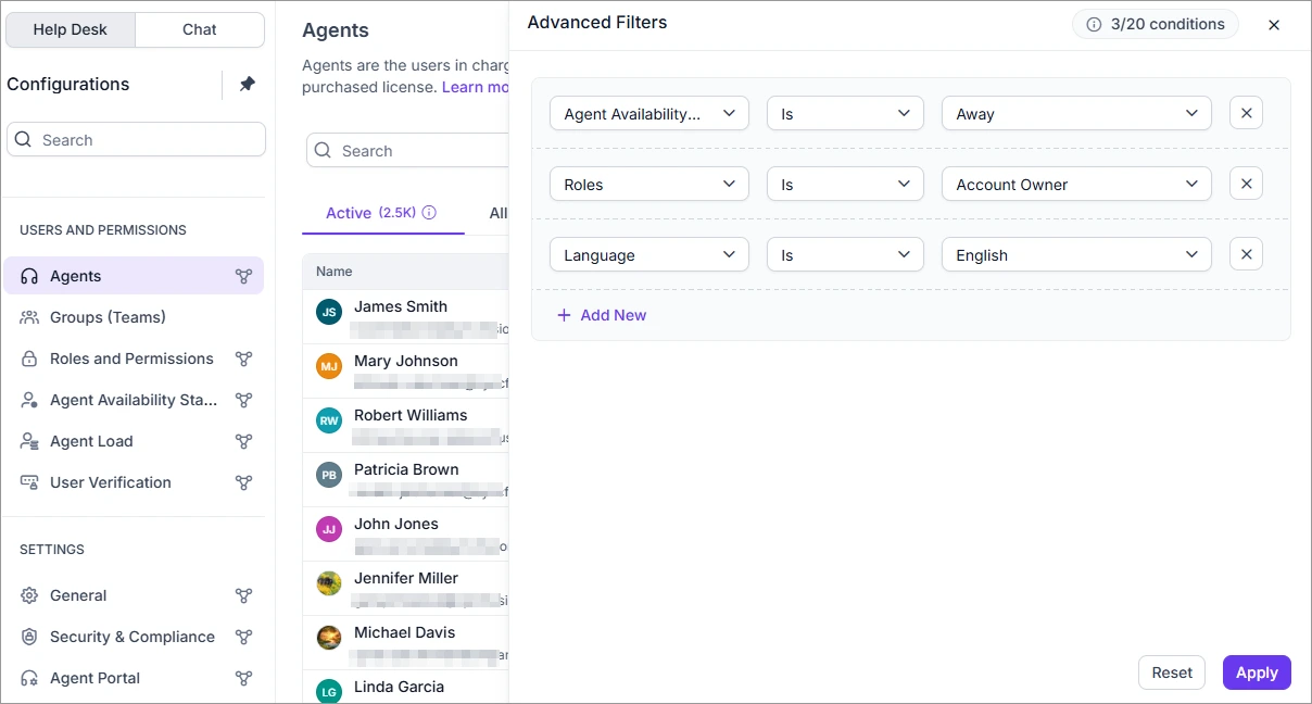 Agent list filtered by availability, role, and language criteria.