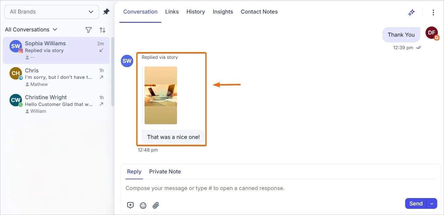 Messaging dashboard showing a reply to an Instagram story saying 'That was a nice one!' with conversation list on the left.