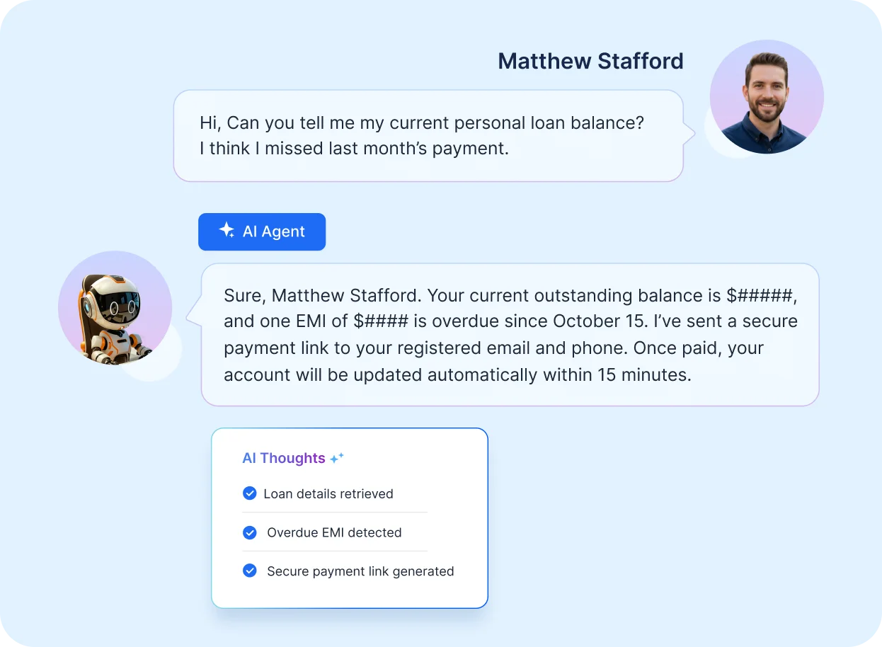 AI agent examples in finance showing automated loan balance and payment status response.