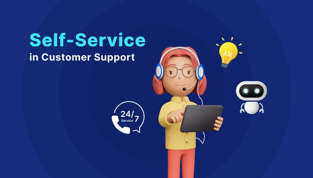 Infographic of a person with headphones and a tablet, with a light bulb and a robot icon beside them on blue background
