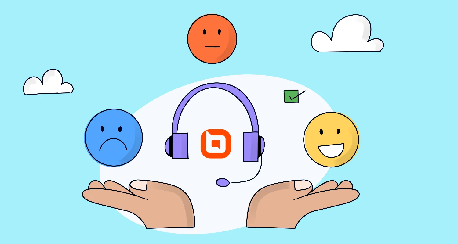 Illustration of customer emotions with blue, yellow, and orange faces above hands, representing empathy and support