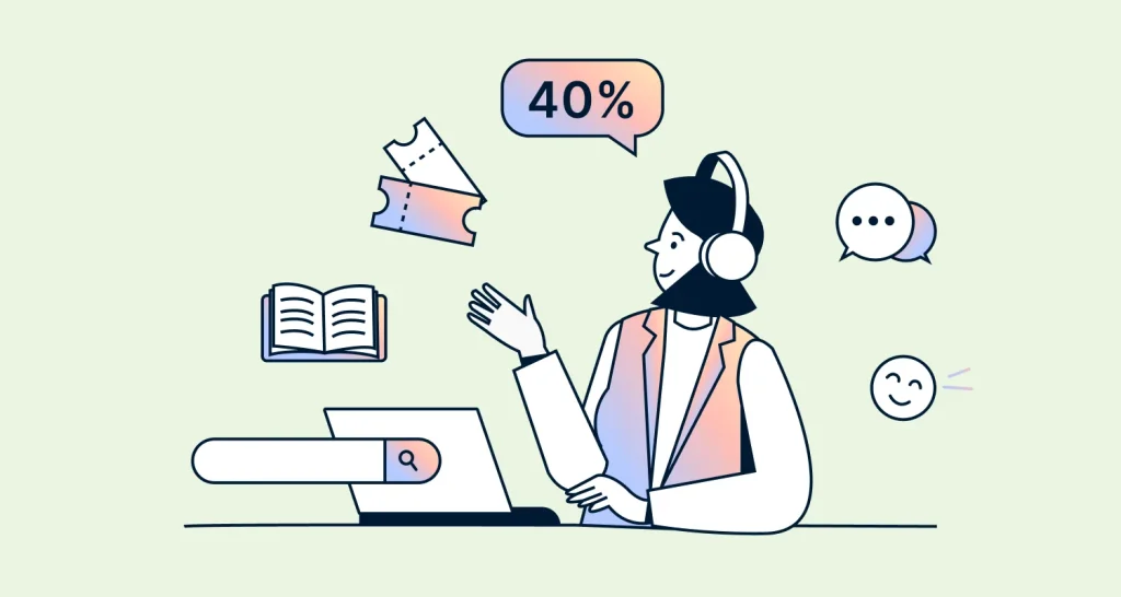 Illustration representing ticket deflection in customer support: an agent with a headset at a laptop surrounded by icons.