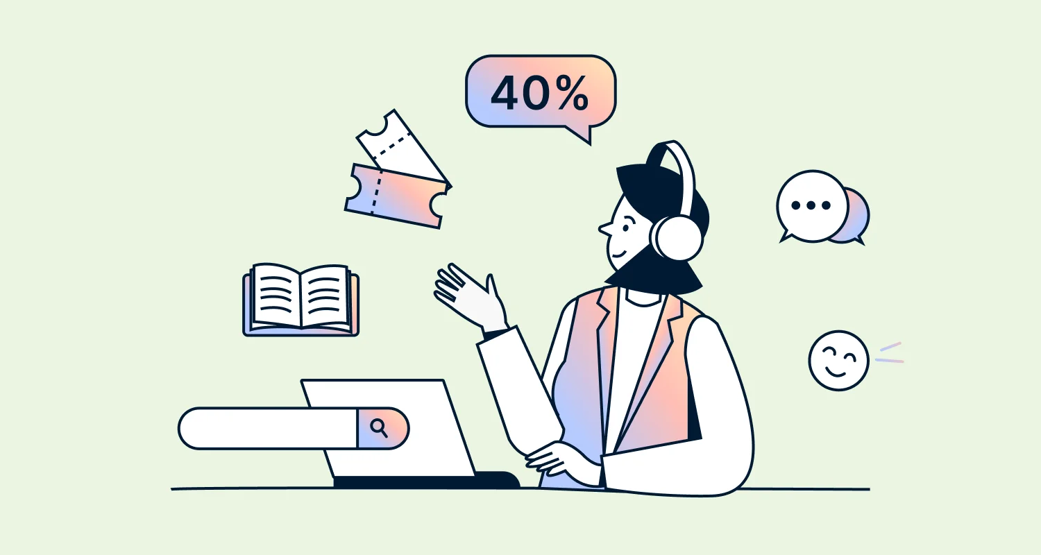 Illustration representing ticket deflection in customer support: an agent with a headset at a laptop surrounded by icons.