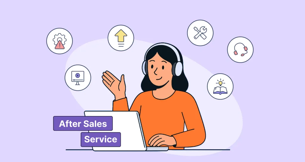 Illustration of woman with headphones waving at laptop, surrounded by icons for gear, upload, tools, headset, book