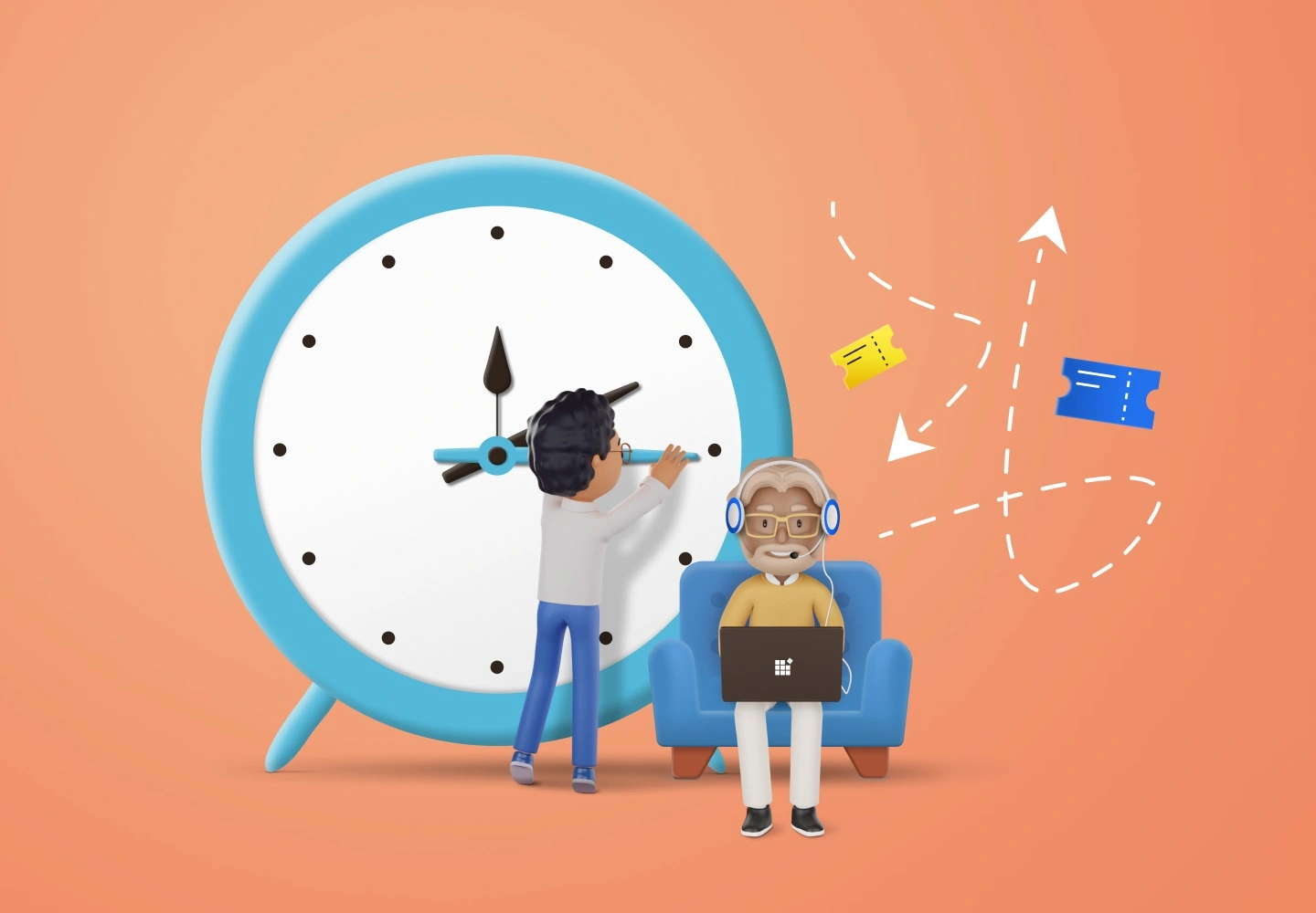 Customer service response time illustrated by support agents managing inquiries with a clock symbolizing fast assistance