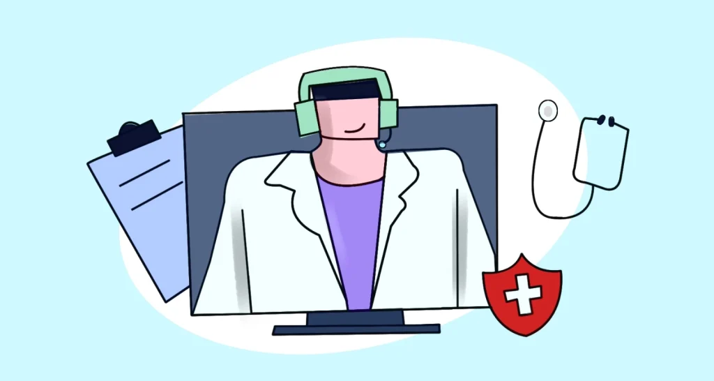 A person on a monitor with green headphones, a stethoscope, and a red shield symbol on a light blue background.