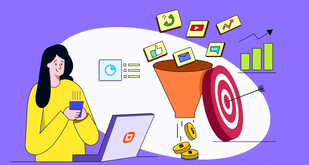 Illustration of a marketer using a laptop as engagement data flows into a funnel, driving conversions, revenue, and growth metrics.