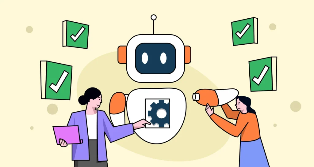 Beige illustration with blue robot icon, green checkmark icons, and two people connecting support workflow elements