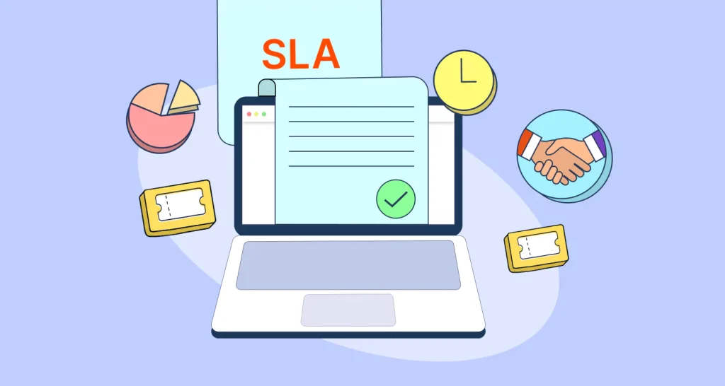 Help desk SLA illustration showing a laptop with SLA document, charts, clock, tickets, and support workflow icons.