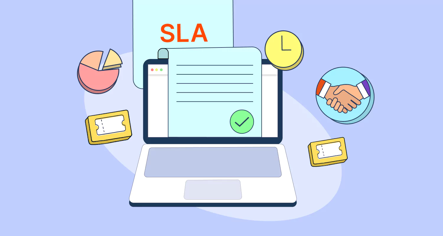 Help desk SLA illustration showing a laptop with SLA document, charts, clock, tickets, and support workflow icons.