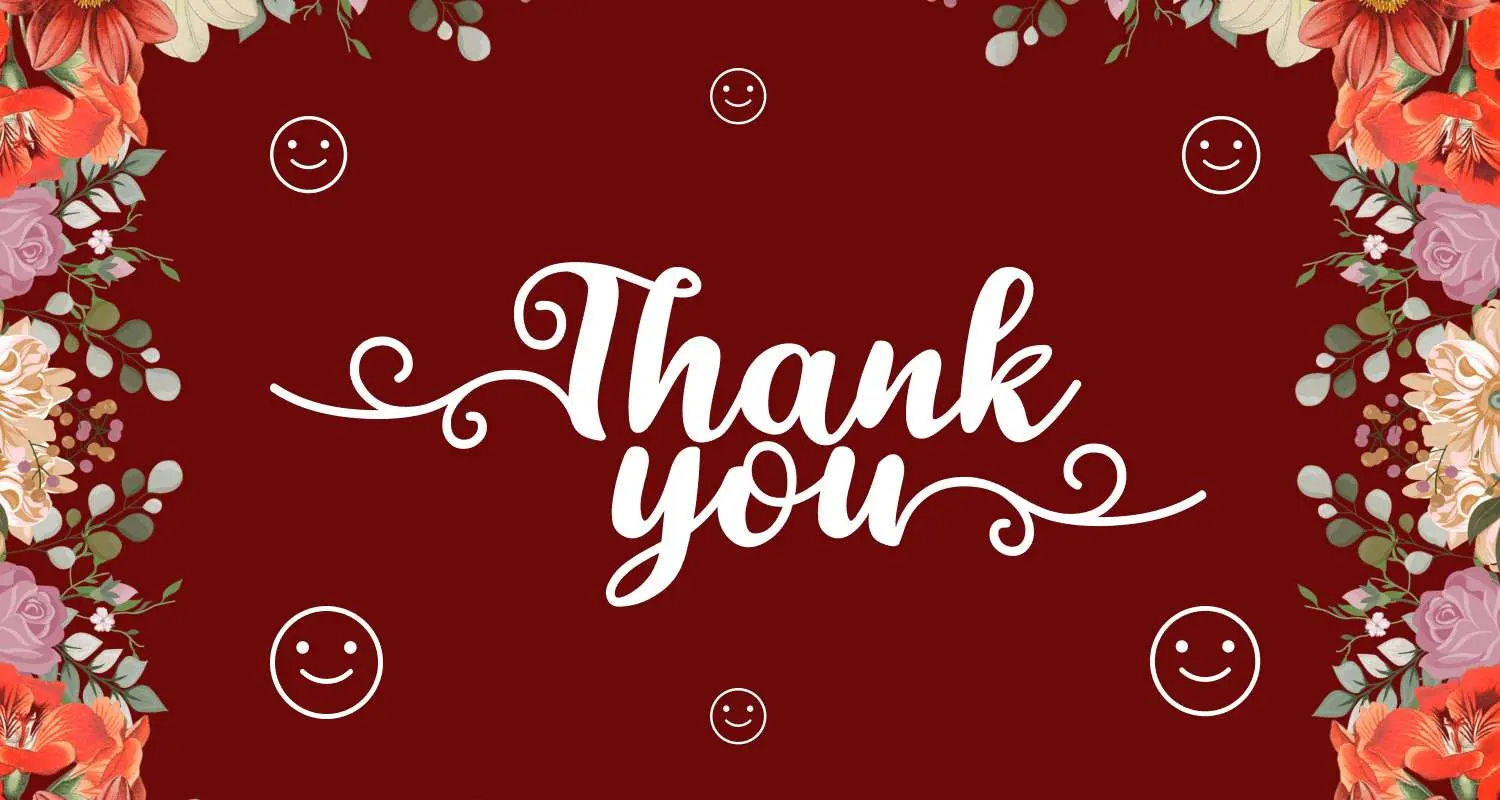 Red thank-you card with white "Thank you" text, floral border accents, and decorative white swirls