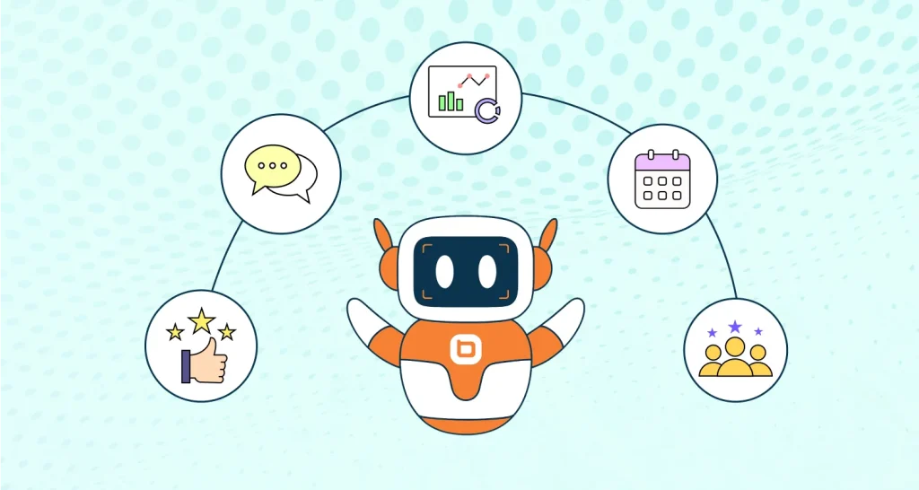 Illustration showing an AI agent handling chat, analytics, and task automation across business workflows.