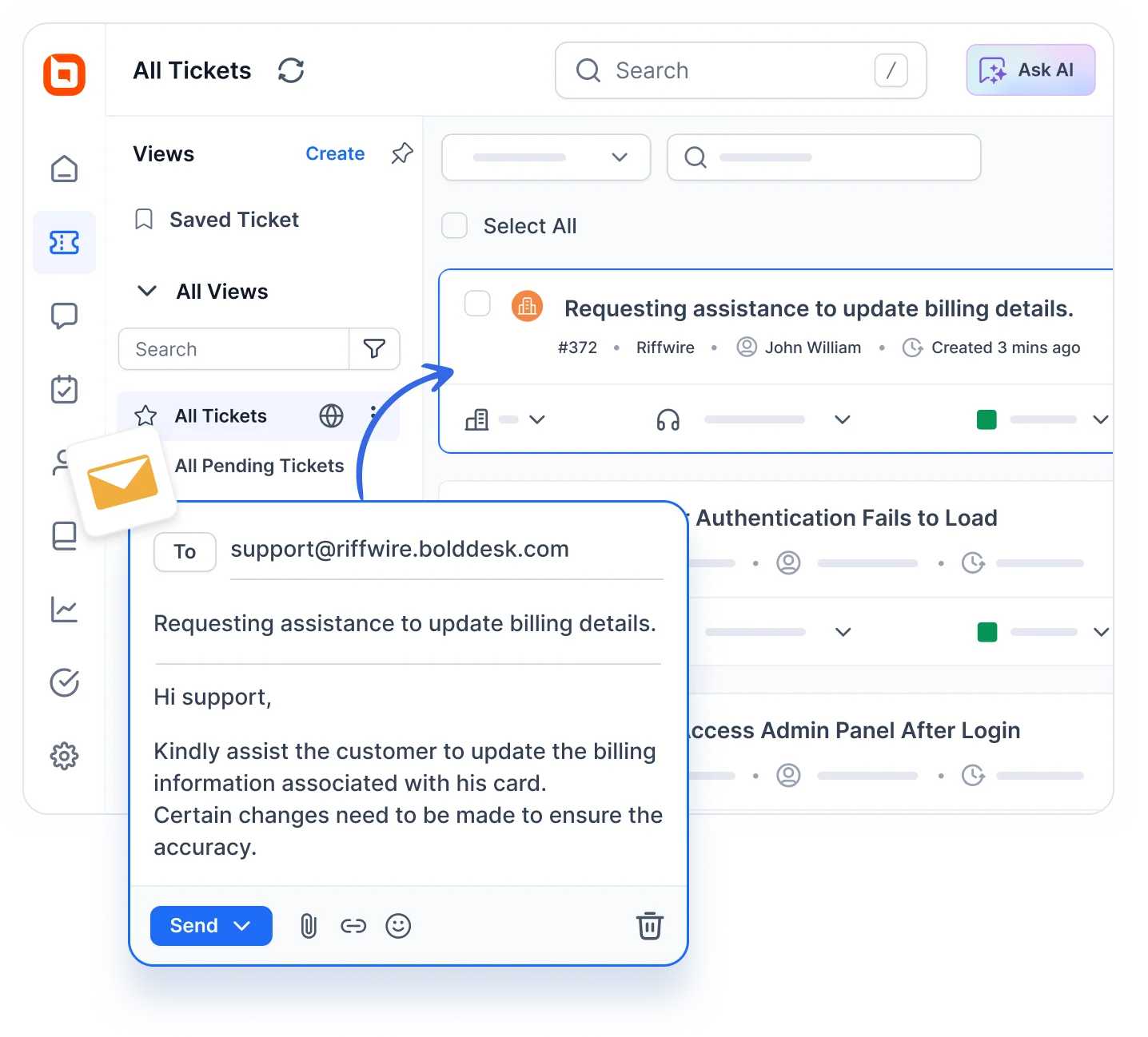 BoldDesk page showcasing AI ecommerce customer service tools with all the tickets