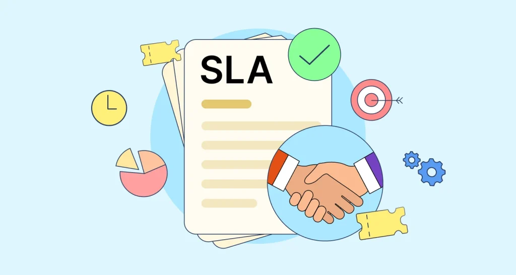 Customer service SLA illustration showing an agreement document with timing, performance, and automation icons.