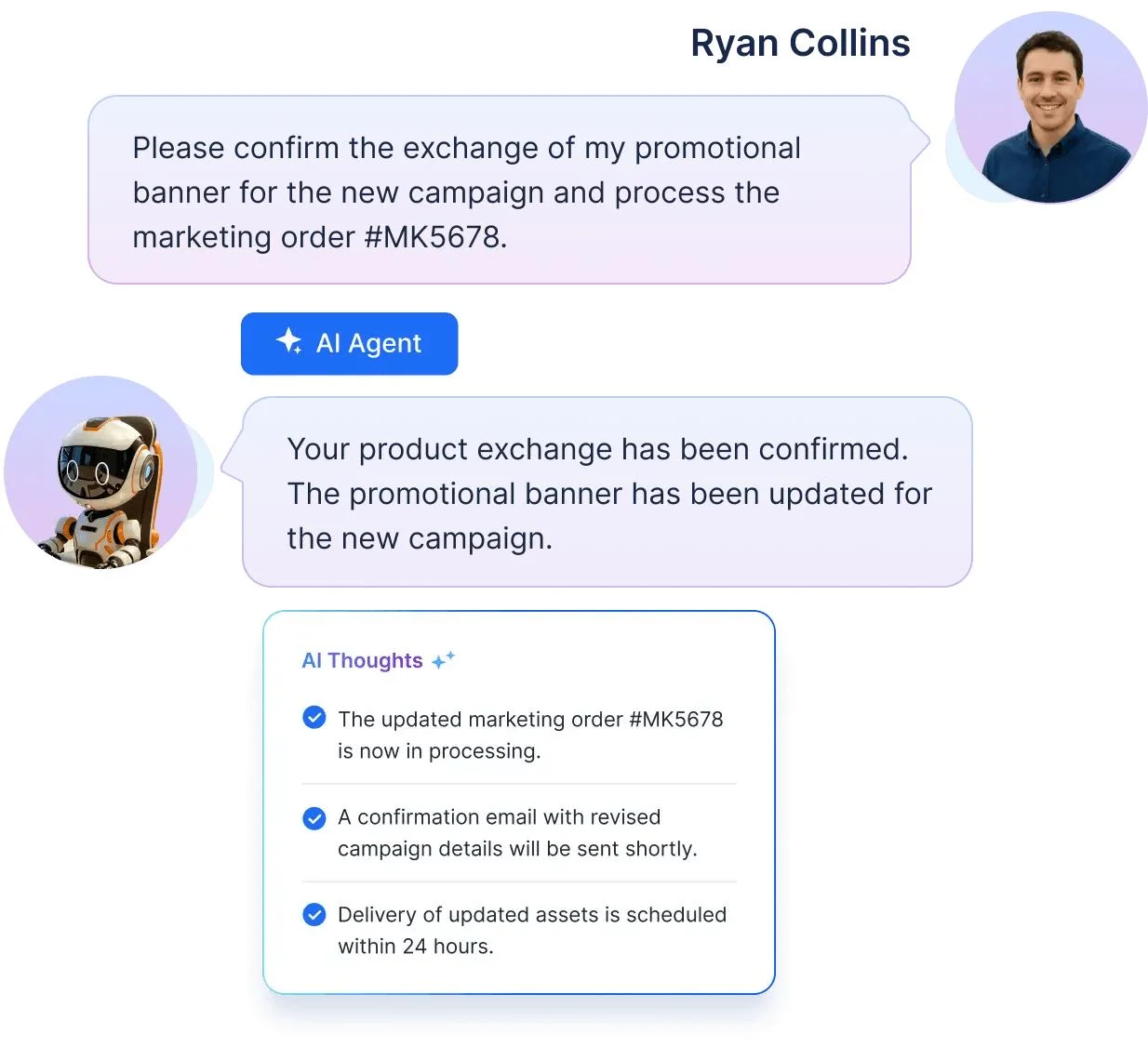 AI chatbot and AI agent conversation example showing automated task handling and customer request resolution.