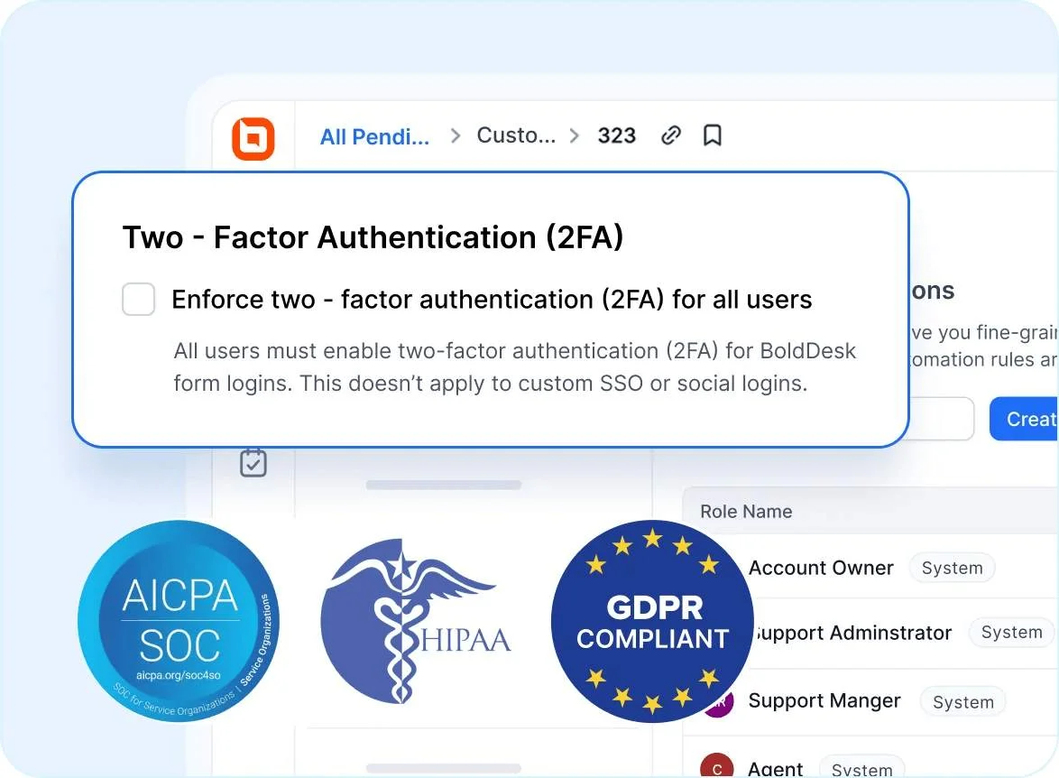 BoldDesk 2FA and compliance badges protecting data to build trust in highly secure fintech customer service systems