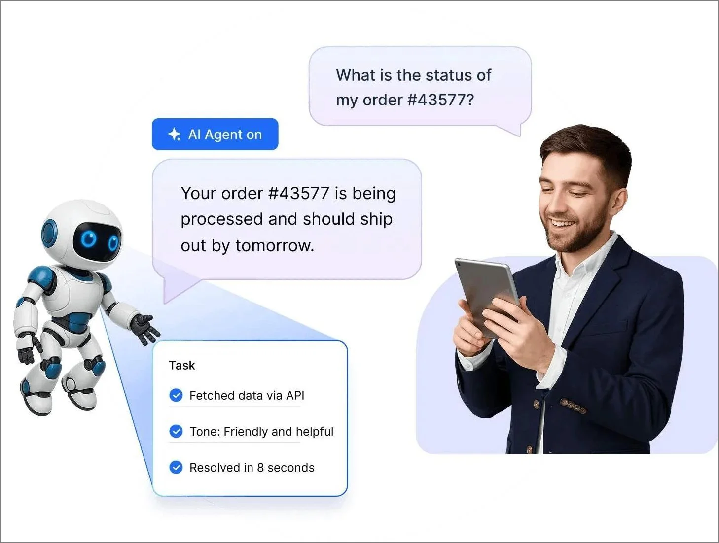 Smiling man in suit holds tablet, interacts with digital assistant; robot icon shows order details, friendly AI agent tone.