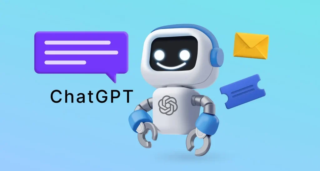 ChatGPT customer service illustration showing an AI assistant responding to messages and support inquiries