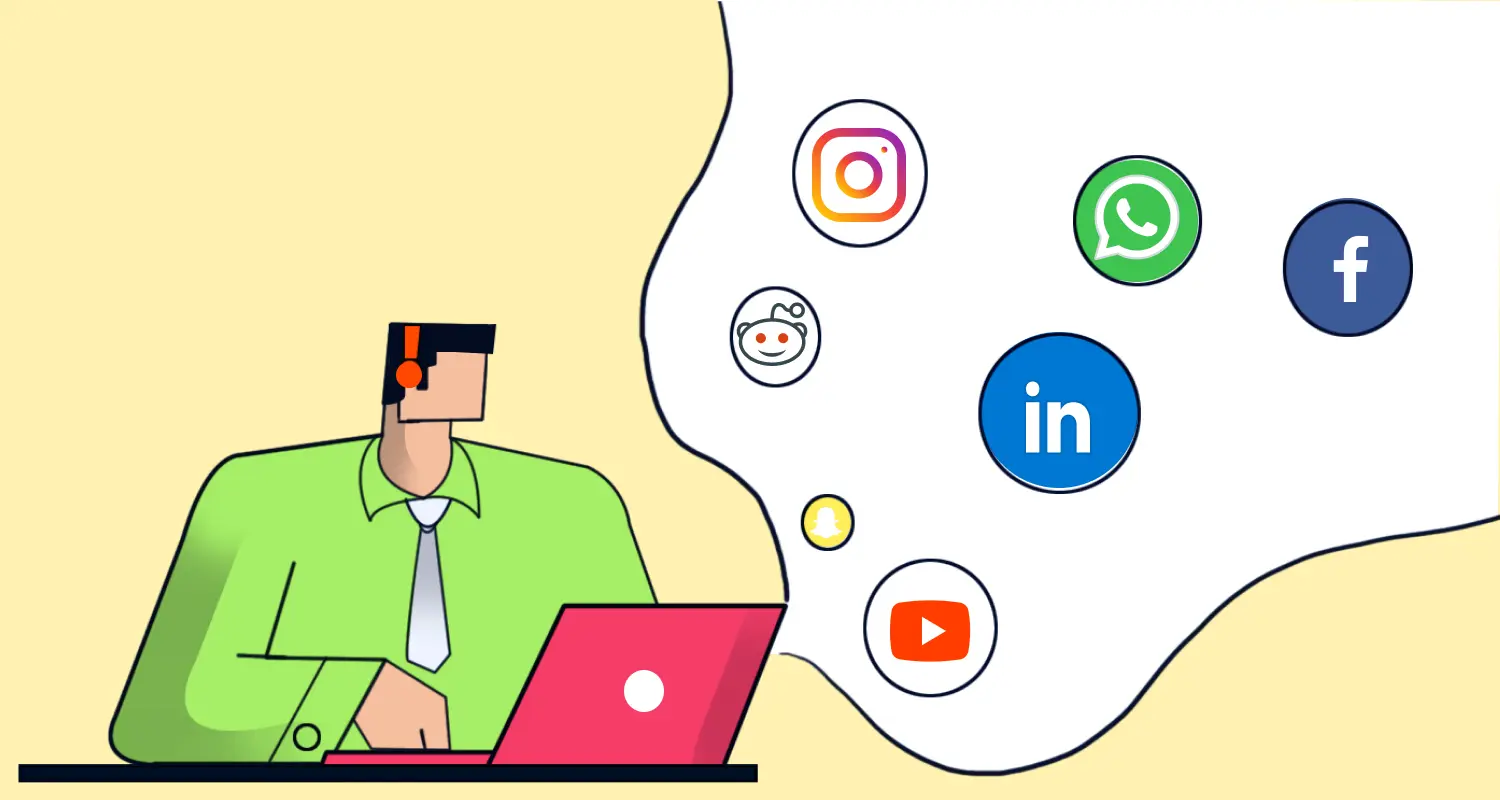 A person using a laptop for social media customer service, surrounded by Instagram, WhatsApp, and Facebook icons