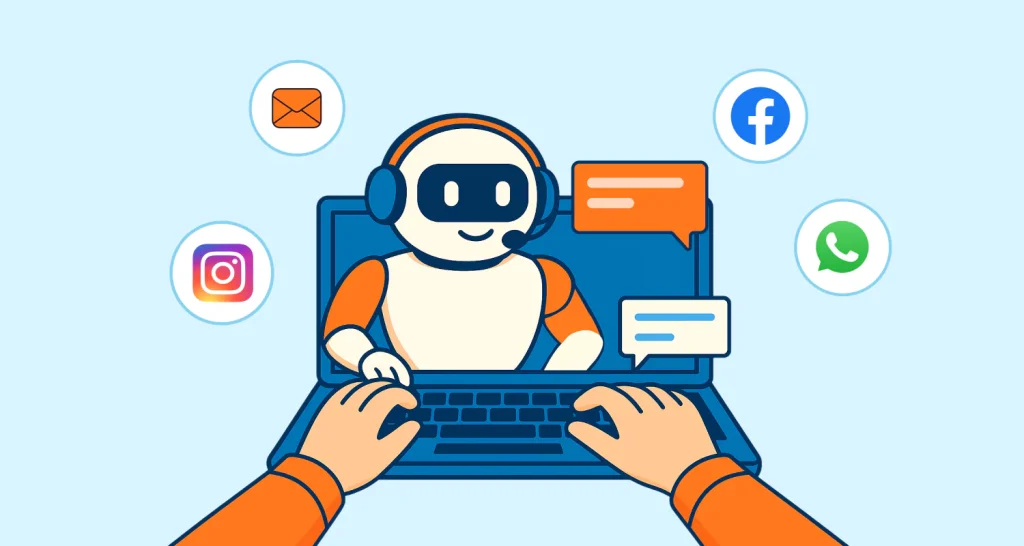 AI agents in customer service chatting on a laptop with email, Instagram, Facebook, and WhatsApp icons.